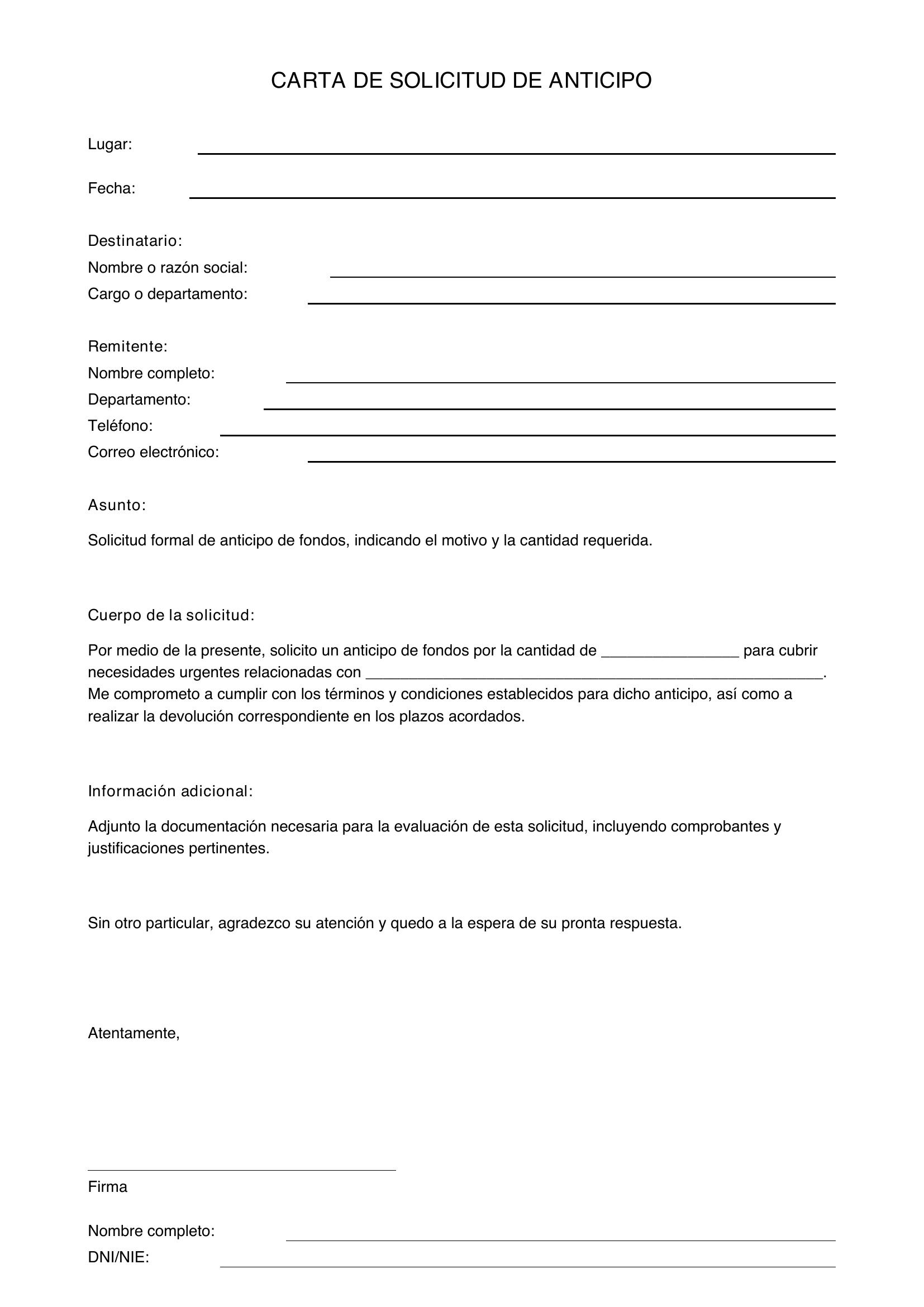 Modelo Carta De Solicitud De Anticipo