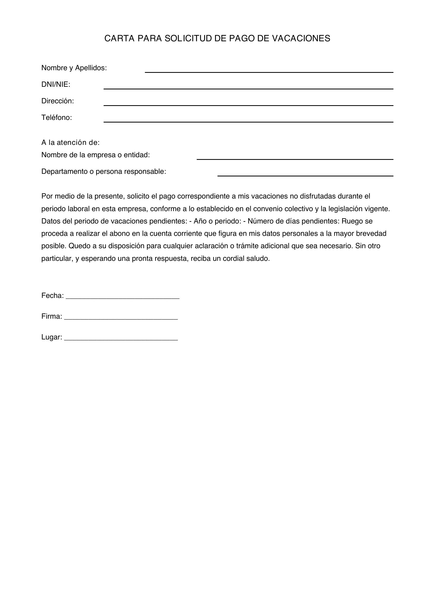 Modelo De Carta Para Solicitud De Pago De Vacaciones