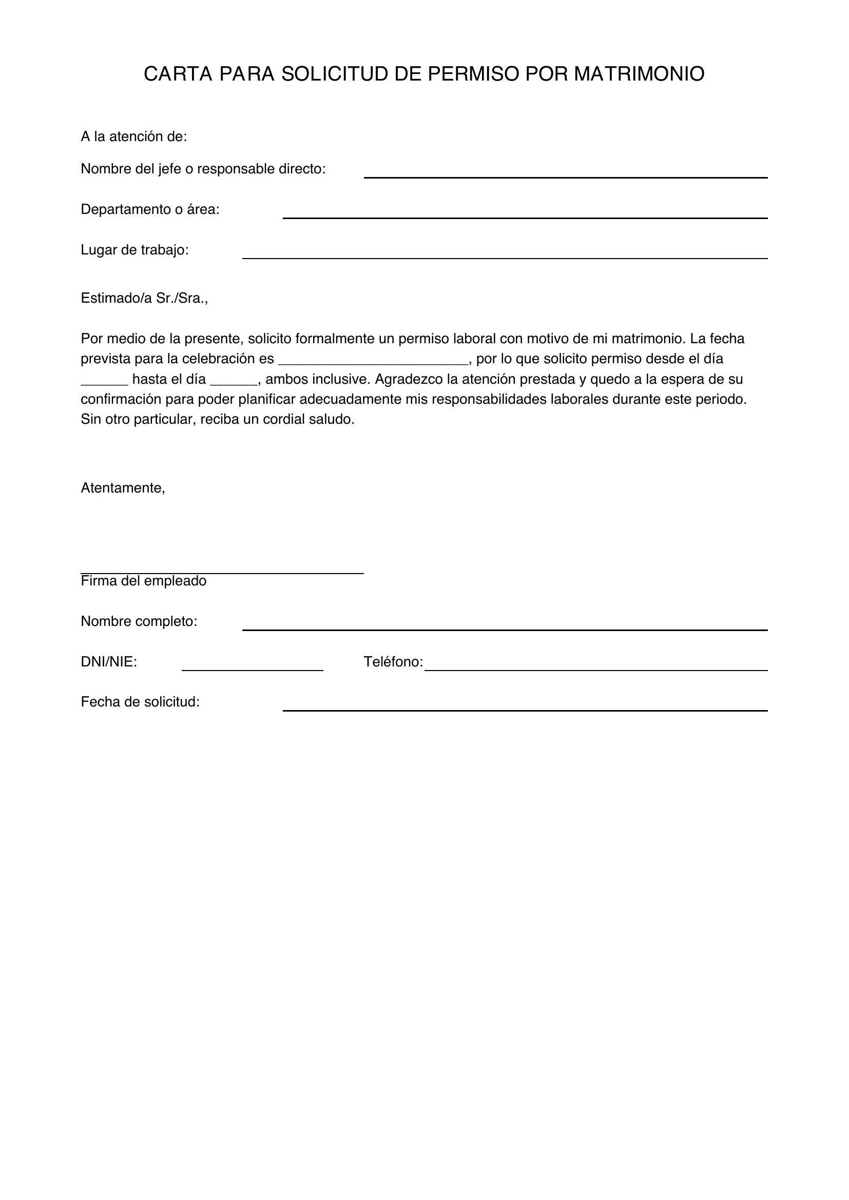 Modelo De Carta Para Solicitud De Permiso Por Matrimonio