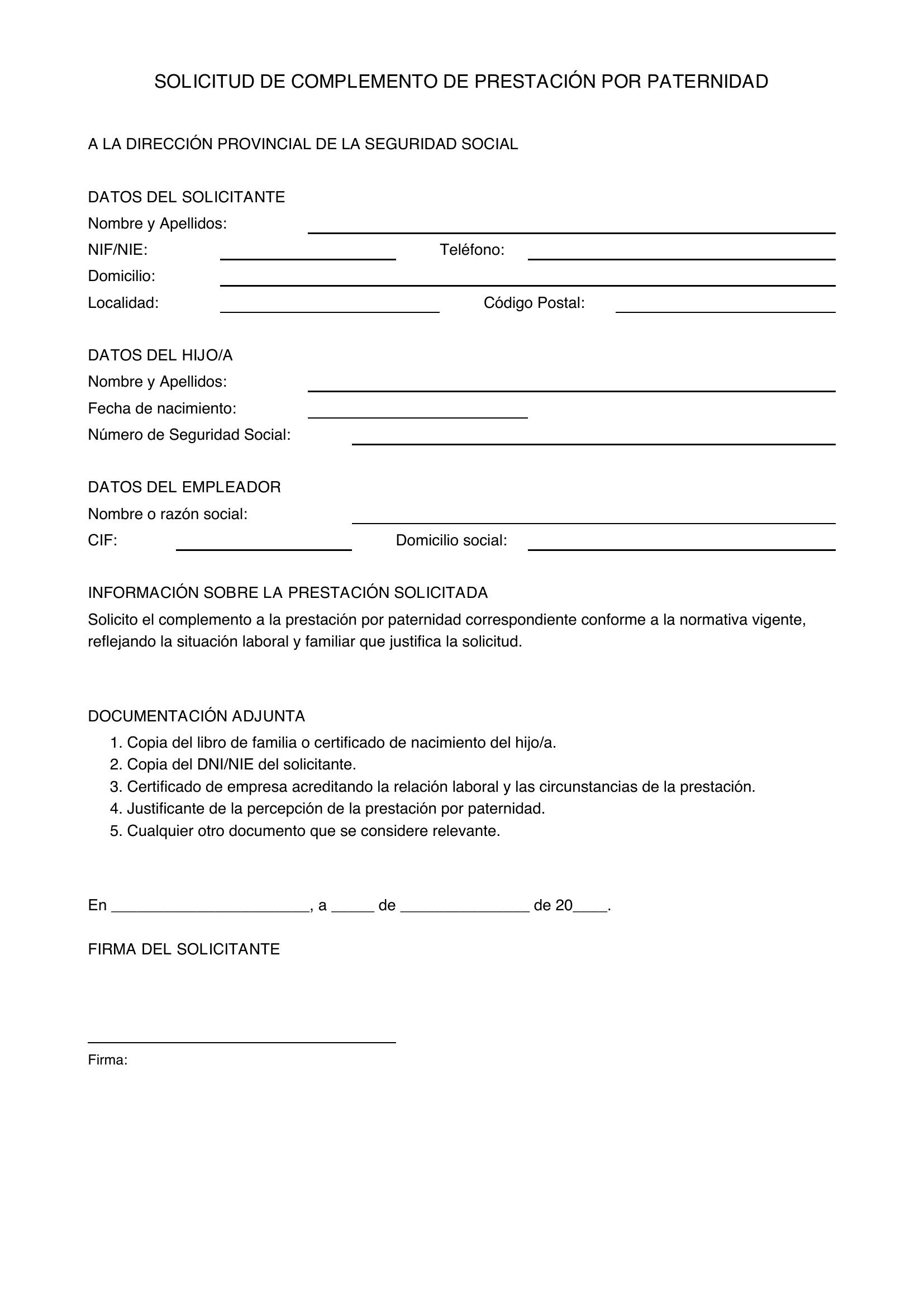 Modelo Solicitud Complemento Paternidad