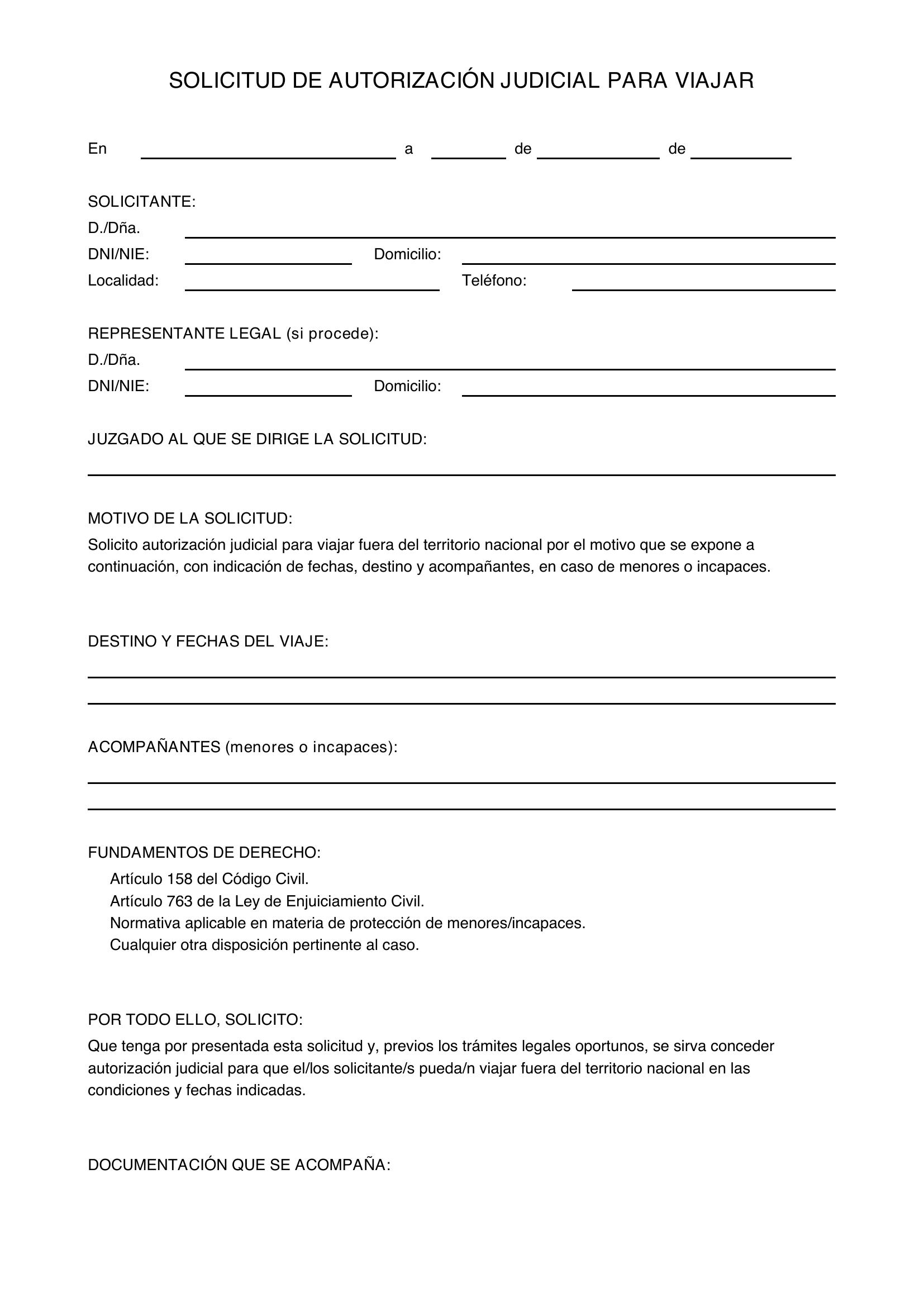 Modelo De Solicitud De Autorización Judicial Para Viajar