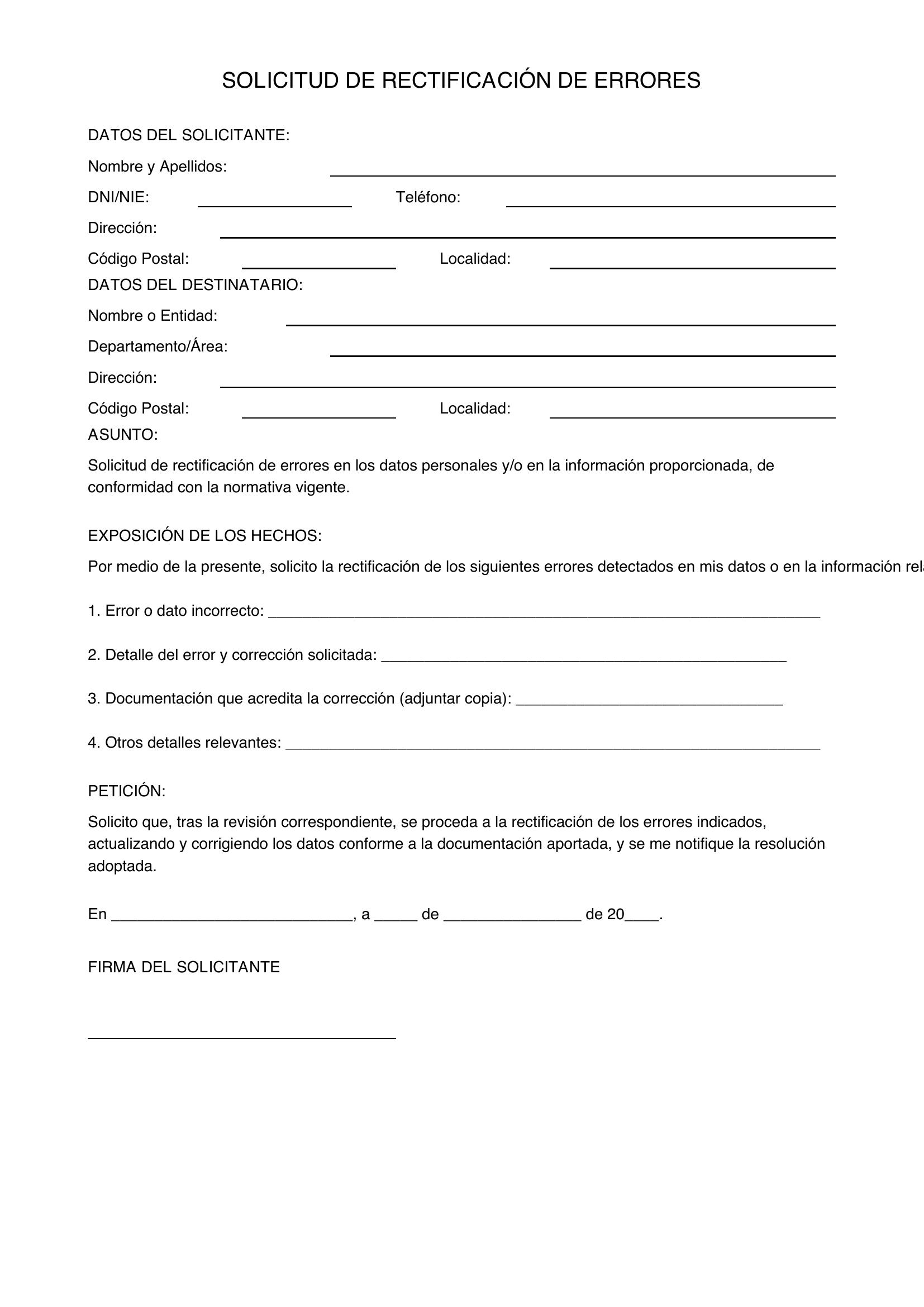 Modelo De Solicitud De Rectificación De Errores