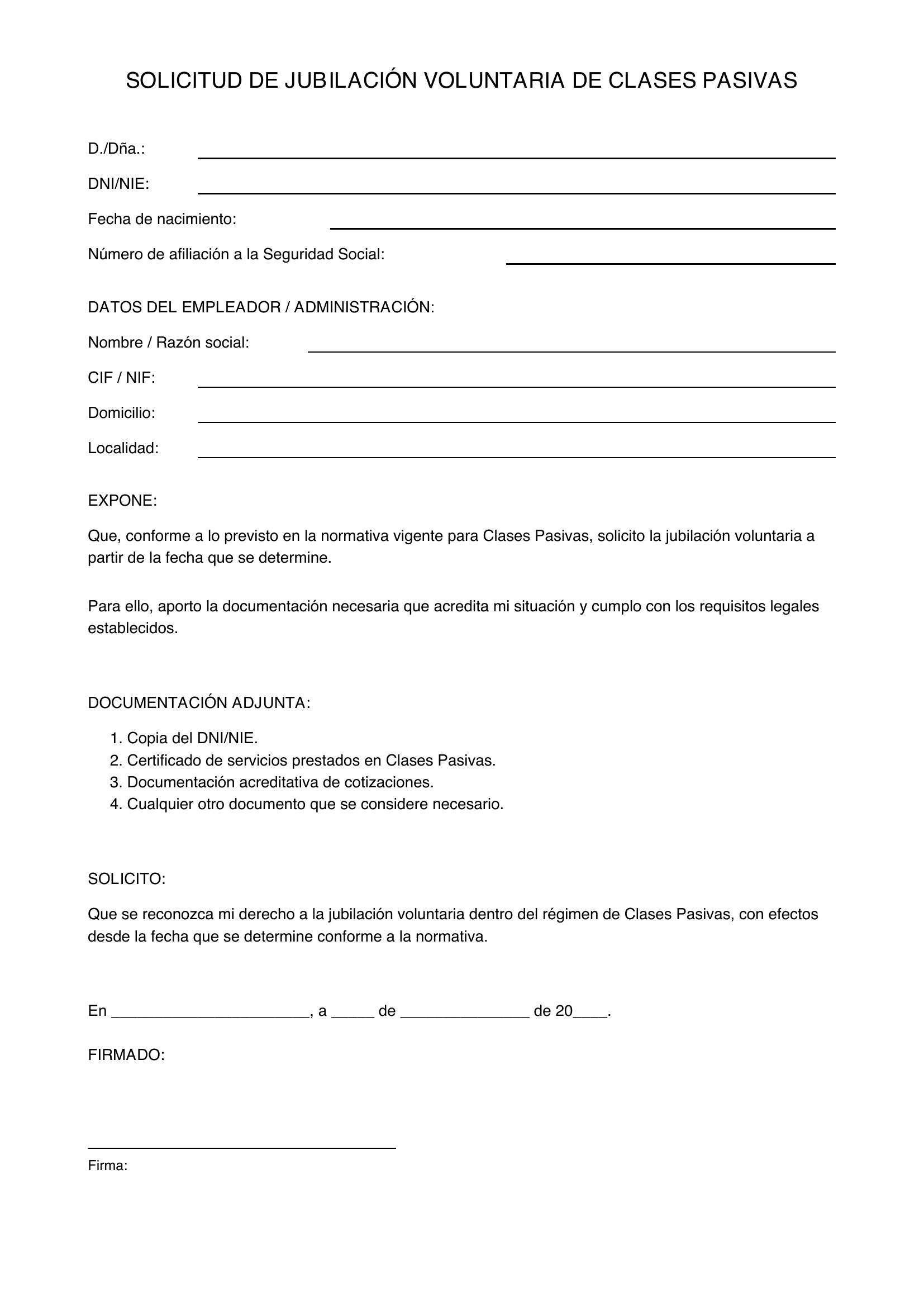 Modelo Solicitud Jubilación Voluntaria Clases Pasivas