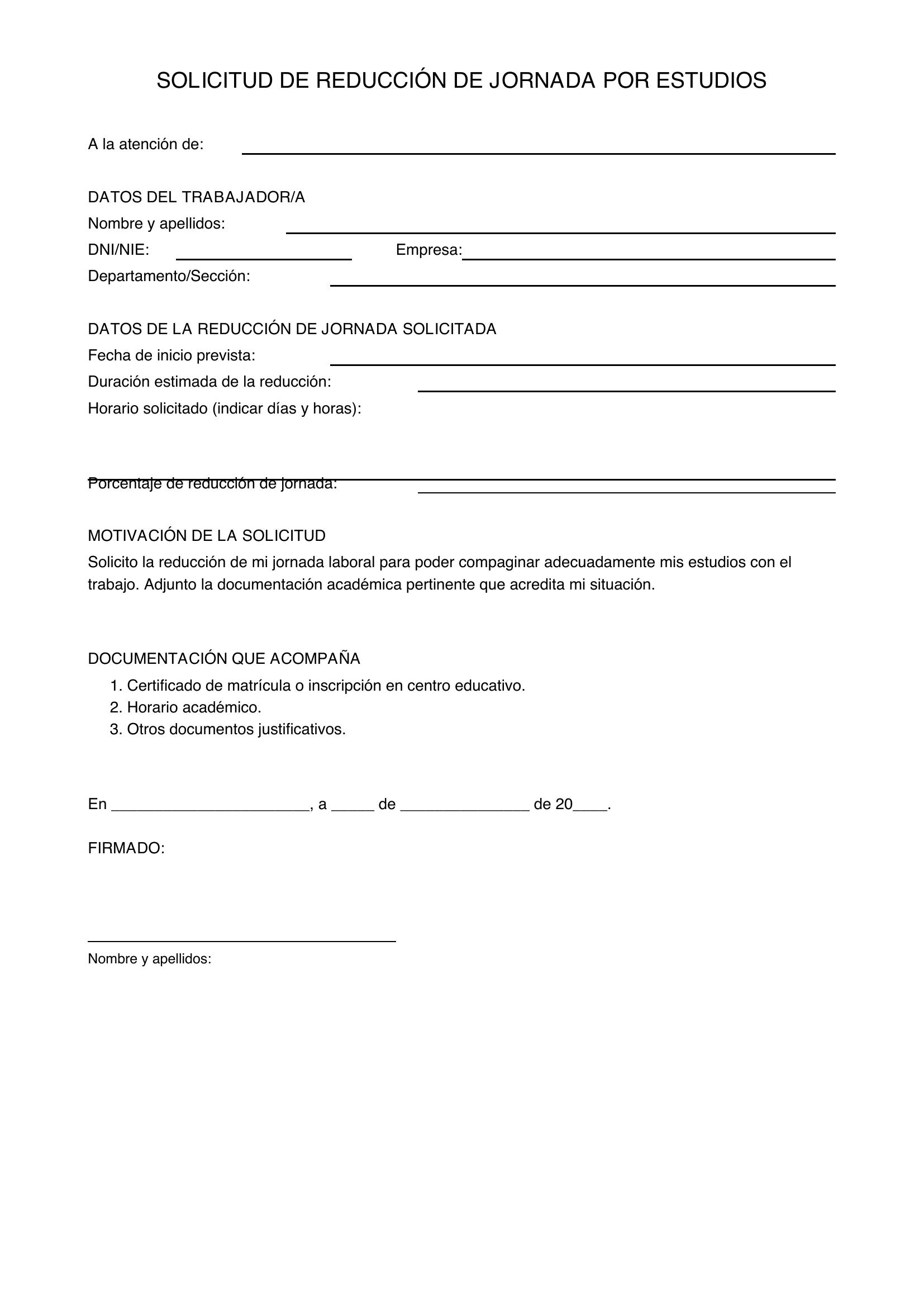 Modelo Solicitud Reducción De Jornada Por Estudios