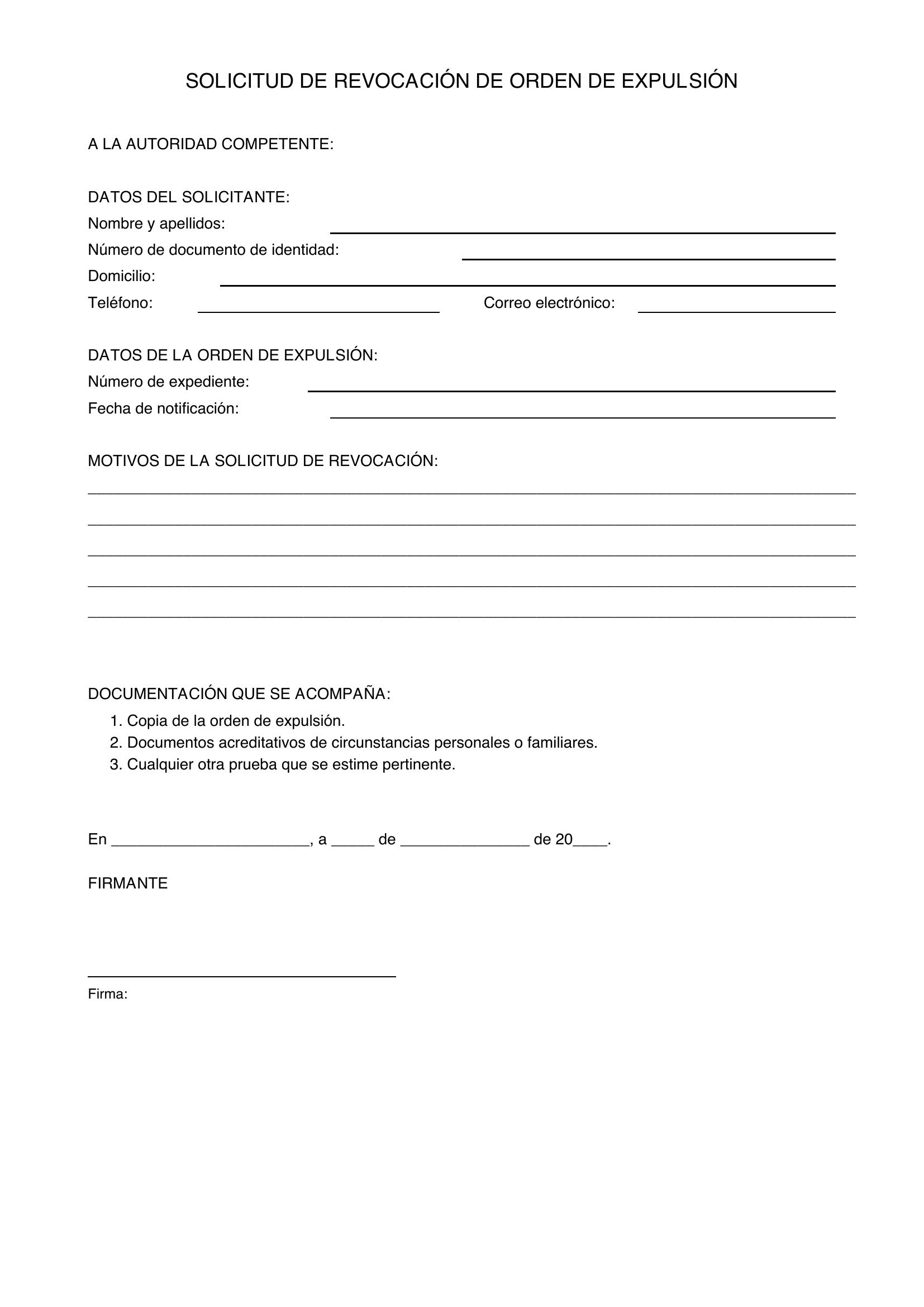 Modelo Solicitud Revocación Orden De Expulsión